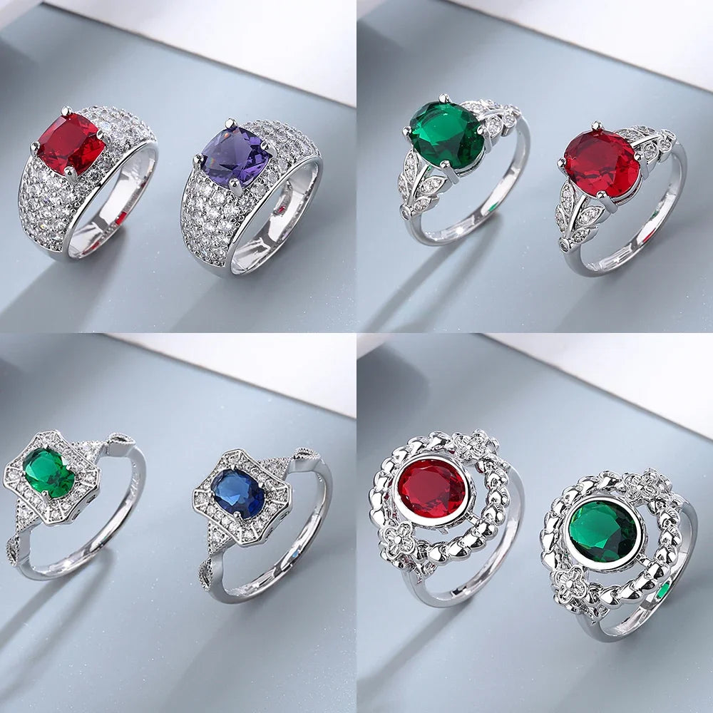 Emerald Sapphire Ruby Color Gemstone Ring 925 Sterling Silver Rings Simple Style Silver Hand Jewelry For Women