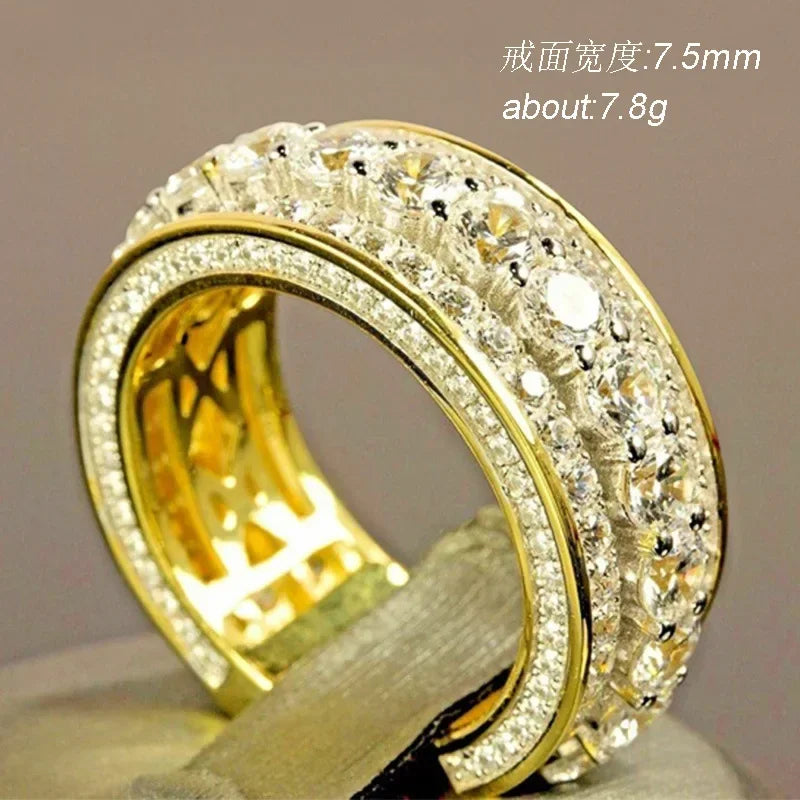 Pure 14K gold color gold full diamond round ring for women men wedding engagement party accessories gift jewelry rings